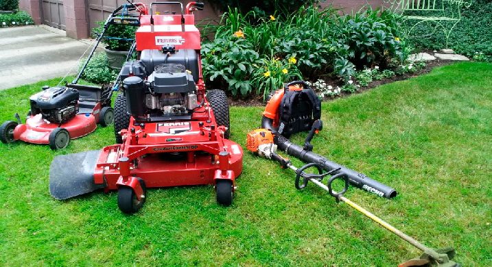 Lawn Mowing Equipment Several landscaping tools including a lawn mower, leaf blower, and trimmer on grass.